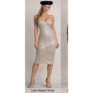 Lulus Sequin Dress Bodycon Midi Beige Silver Party Cocktail Women M